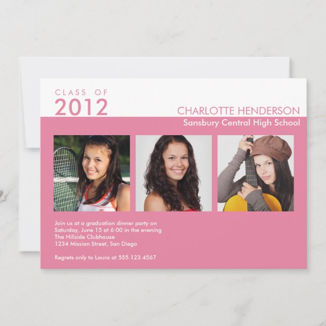 Custom 3 photo pink graduation class of invitation (Front)