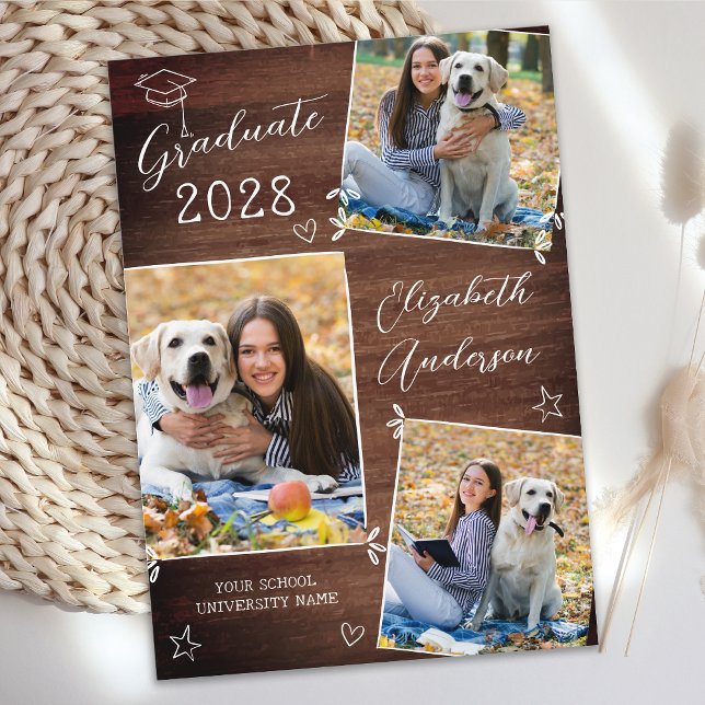 Custom 3 Photo Rustic Hand Drawn Doodle Graduation Announcement (Creator Uploaded)