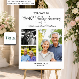 Custom 3 Photos 40th Wedding Anniversary Welcome Poster
