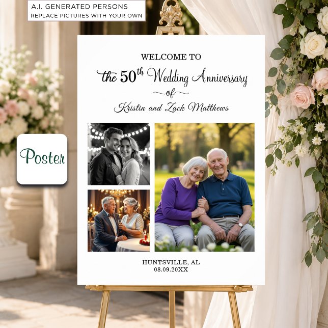 Custom 3 Photos 50th Wedding Anniversary Welcome Poster (Creator Uploaded)