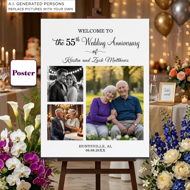 Custom 3 Photos 55th Wedding Anniversary Welcome Poster (Creator Uploaded)