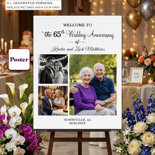 Custom 3 Photos 65th Wedding Anniversary Welcome Poster