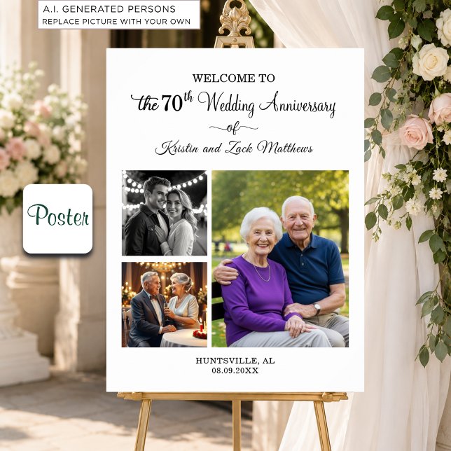 Custom 3 Photos 70th Wedding Anniversary Welcome Poster (Creator Uploaded)