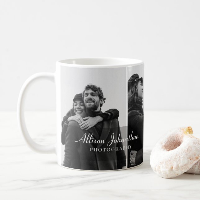 custom 3 photos modern script photography coffee mug (With Donut)