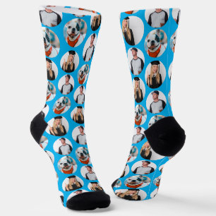 Custom 3 Photos Pattern Blue Socks