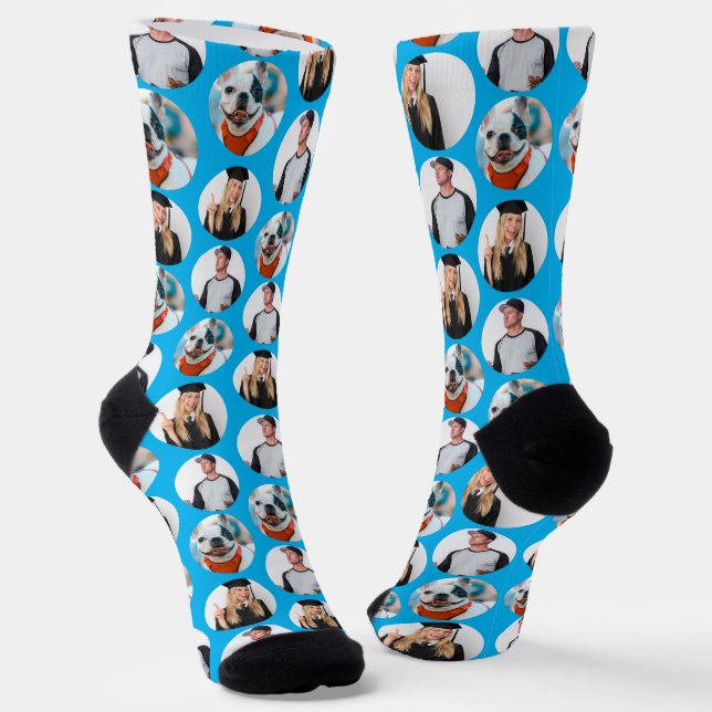 Custom 3 Photos Pattern Blue Socks (Angled)