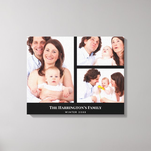 Custom 3 Sections Family Photo Collage Black Frame Canvas Print (Front)