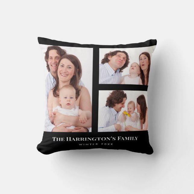 Custom 3 Sections Family Photo Collage Black Frame Cushion (Front)