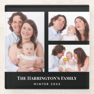 Custom 3 Sections Family Photo Collage Black Frame Glass Coaster