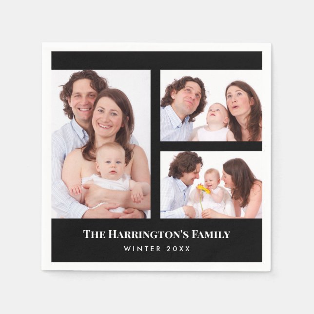 Custom 3 Sections Family Photo Collage Black Frame Napkin (Front)