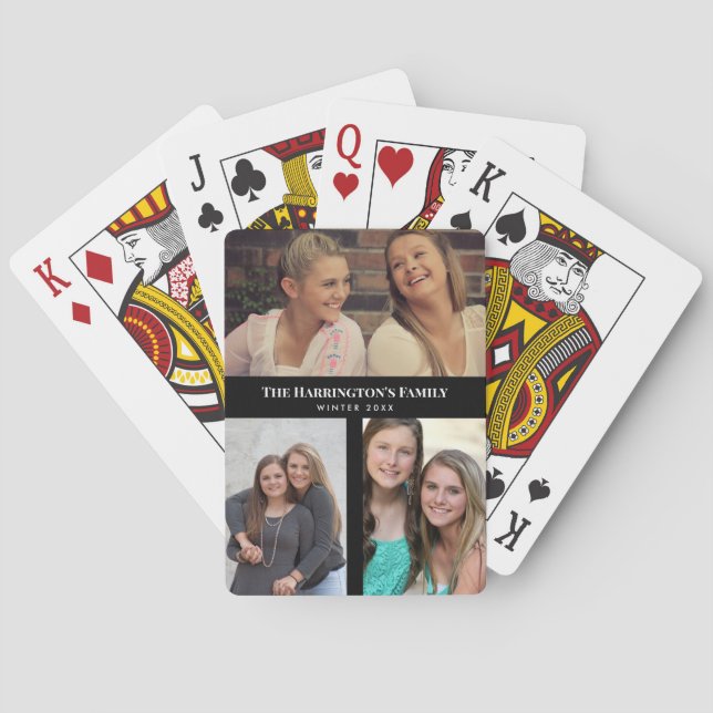 Custom 3 Sections Family Photo Collage Black Frame Playing Cards (Back)