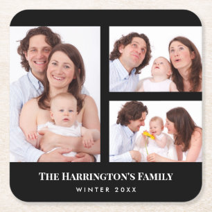 Custom 3 Sections Family Photo Collage Black Frame Square Paper Coaster