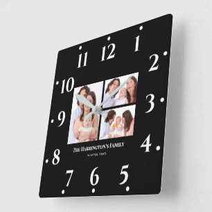 Custom 3 Sections Family Photo Collage Black Frame Square Wall Clock