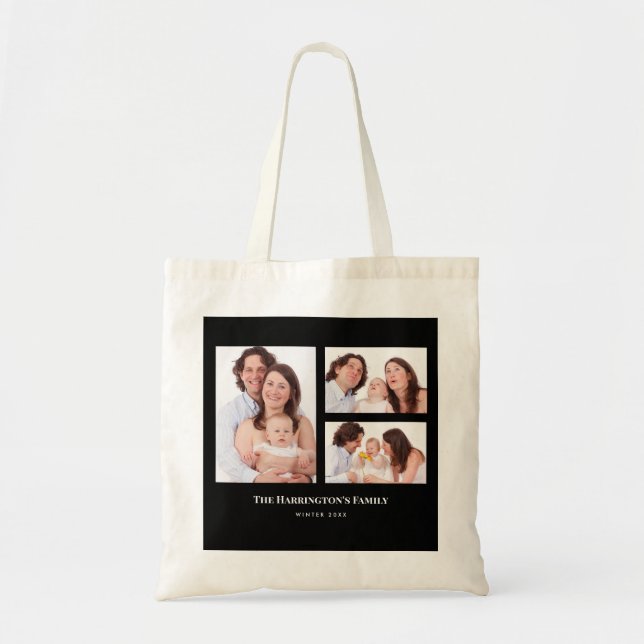 Custom 3 Sections Family Photo Collage Black Frame Tote Bag (Front)