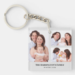 Custom 3 Sections Family Photos Collage Gray Frame Key Ring
