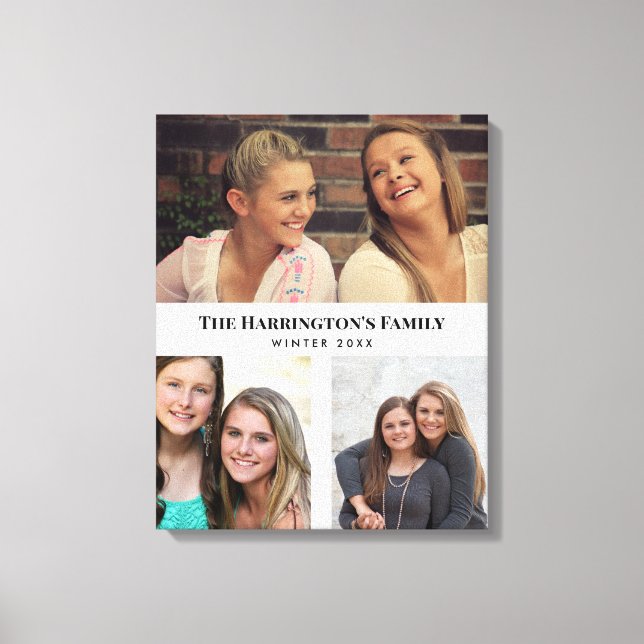 Custom 3 Sections Family Photos Collage Grey Frame Canvas Print (Front)