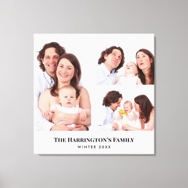 Custom 3 Sections Family Photos Collage Grey Frame Canvas Print (Front)