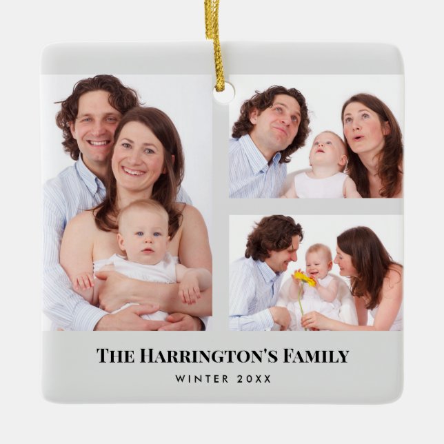 Custom 3 Sections Family Photos Collage Grey Frame Ceramic Ornament (Front)