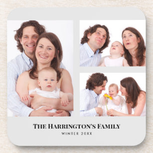 Custom 3 Sections Family Photos Collage Grey Frame Coaster