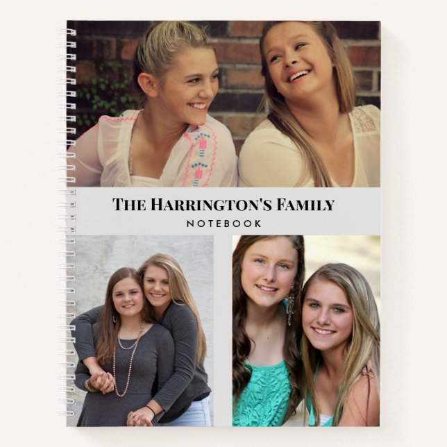 Custom 3 Sections Family Photos Collage Grey Frame Notebook (Front)