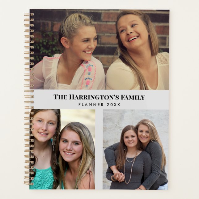 Custom 3 Sections Family Photos Collage Grey Frame Planner (Front)