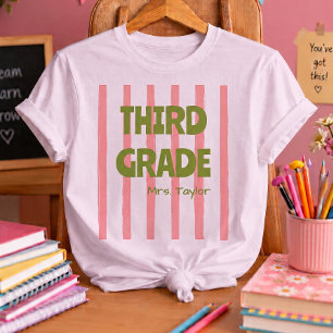 Custom 3rd Grade School Stripes Teacher Name Pink T-Shirt