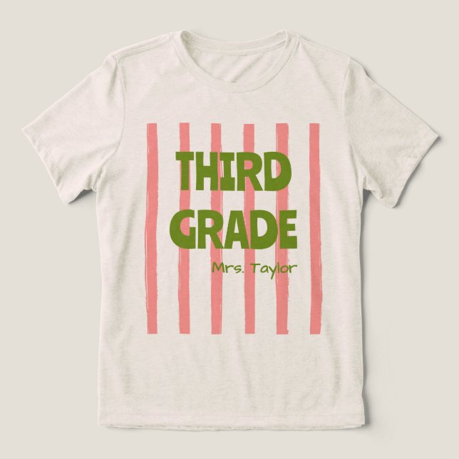 Custom 3rd Grade School Stripes Teacher Name Pink Tri-Blend Shirt (Design Front)