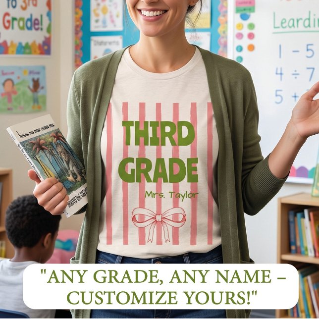 Custom 3rd Grade Teacher Pink Stripe Coquette Bow Tri-Blend Shirt (Creator Uploaded)