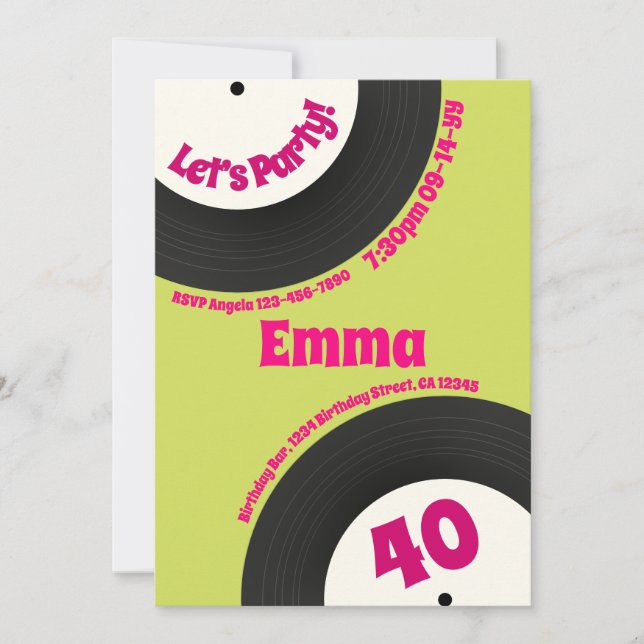 Custom 40th Birthday Colourful Retro Fun Record Invitation (Front)