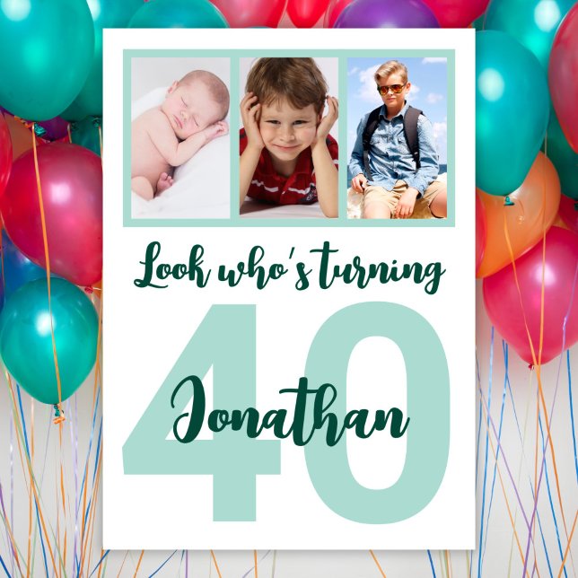 Custom 40th Birthday Green Script Photo Collage Invitation (Creator Uploaded)