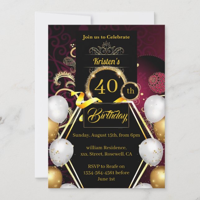 Custom 40th Birthday Invitation (Front)