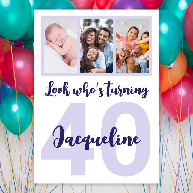 Custom 40th Birthday Purple Script Photo Collage Invitation (Creator Uploaded)
