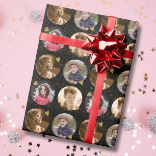 Custom 4 Circle Photo Collage Black And Gold Wrapping Paper
