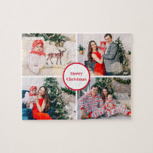 Custom 4 Family Photo Collage Merry Christmas Jigsaw Puzzle
