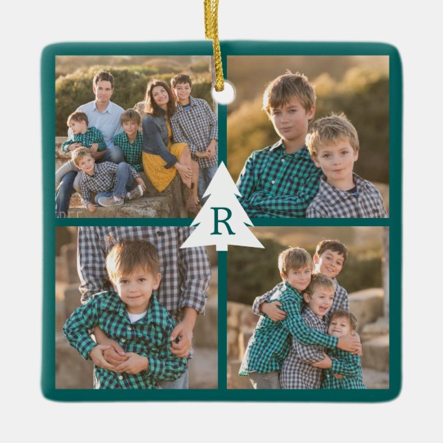 Custom 4 Photo Christmas Tree Monogram Teal Ceramic Ornament (Front)