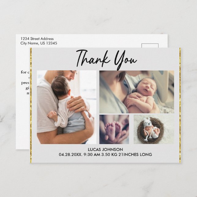 Custom 4 Photo Collage Baby Thank You Postcard (Front/Back)