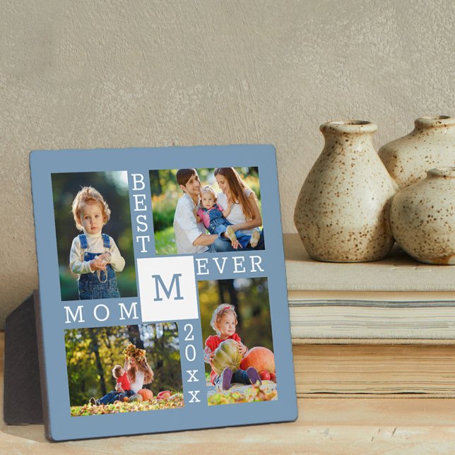 Custom 4 Photo Collage Best Mum Ever Blue & White Plaque (Creator Uploaded)