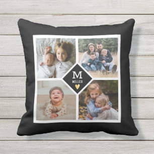 Custom 4 Photo Collage Family Monogram Cushion