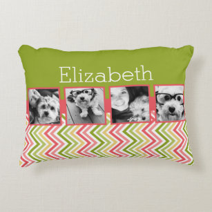 Custom 4 Photo Collage Lime and Coral Chevrons Decorative Cushion