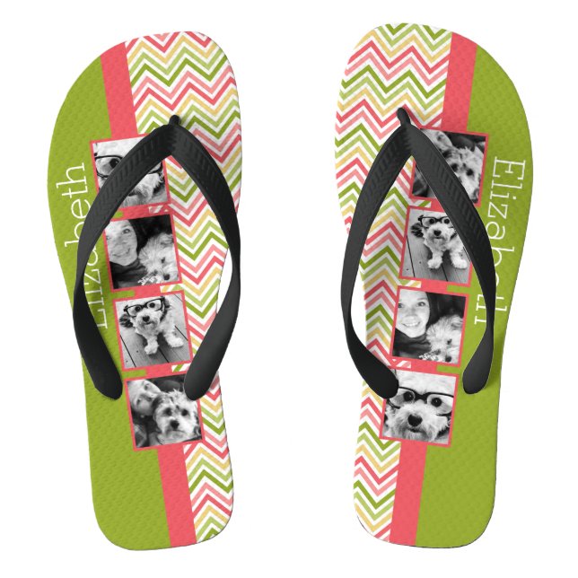 Custom 4 Photo Collage Lime and Coral Chevrons Jandals (Footbed)