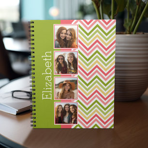 Custom 4 Photo Collage Lime and Coral Chevrons Spiral Notebook