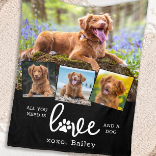 Custom 4 Photo Collage LOVE and a DOG  Fleece Blanket
