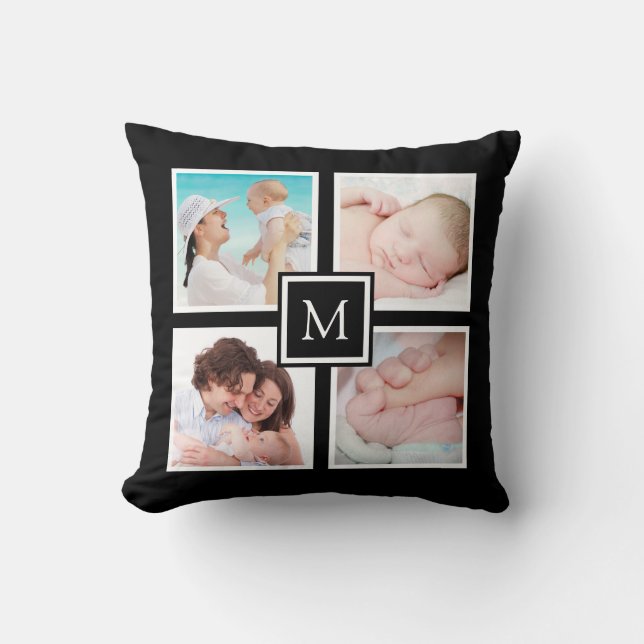 Custom 4 Photo Collage Monogram Black Cushion (Front)