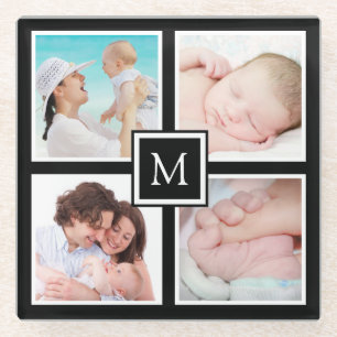 Custom 4 Photo Collage Monogram Black Glass Coaster