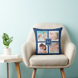 Custom 4 Photo Collage Monogram Blue Cushion