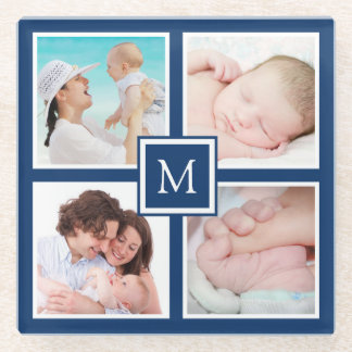 Custom 4 Photo Collage Monogram Blue Glass Coaster