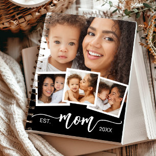 Custom 4-Photo Collage Mum Established Year Black Notebook