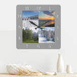 Custom 4 Photo Collage Personalised Square Wall Clock<br><div class="desc">Upload your photos, and easily create your personalised photo collage wall clock. Click CUSTOMIZE FURTHER to change the square frame colour. You can TRANSFER this DESIGN on other Zazzle products and adjust it to fit most of the Zazzle items. Standard Studio designs are made in high-resolution vector graphics for a...</div>