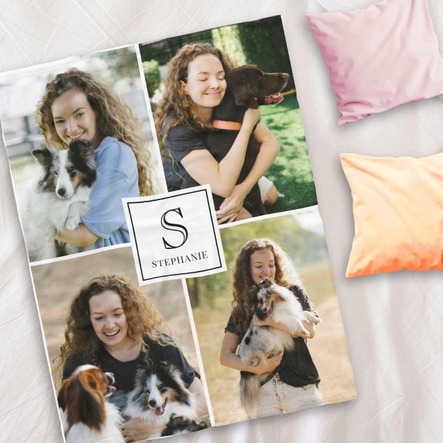 Custom 4 Photo Collage with Monogram and Name Fleece Blanket (Creator Uploaded)