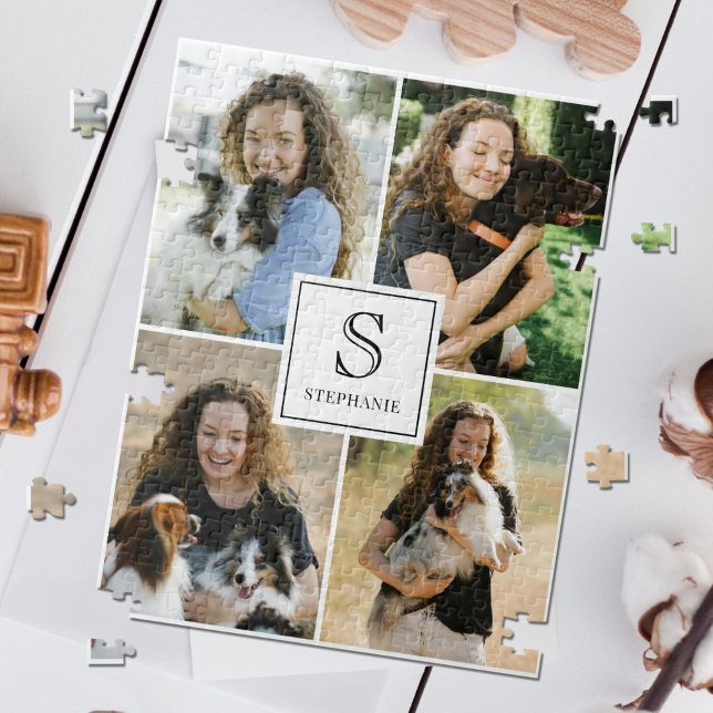 Custom 4 Photo Collage with Monogram and Name Jigsaw Puzzle (Creator Uploaded)